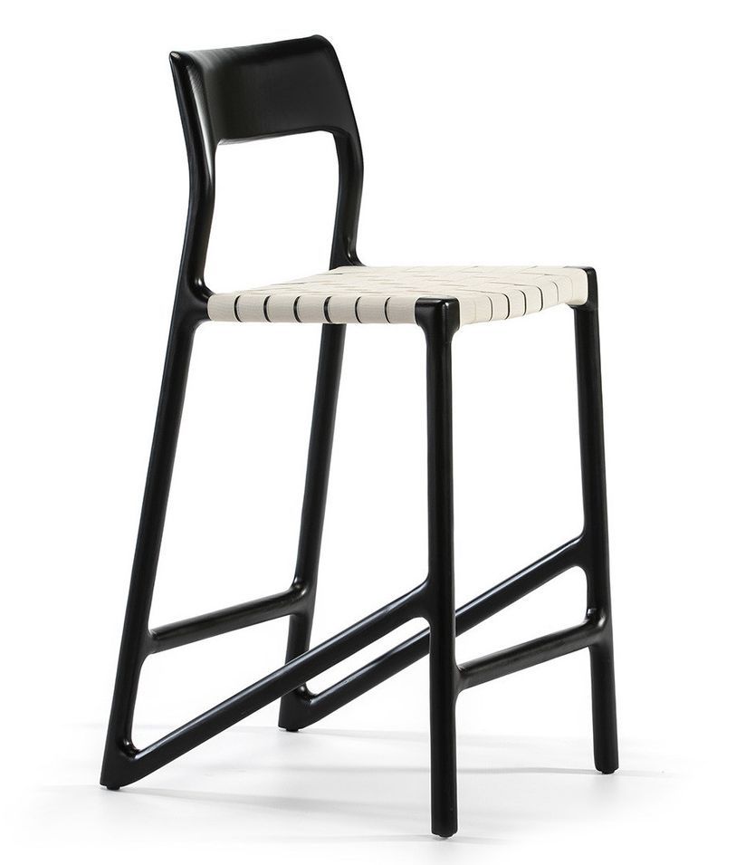 Tabouret de bar tissu blanc et pieds frêne massif noir - Photo n°1