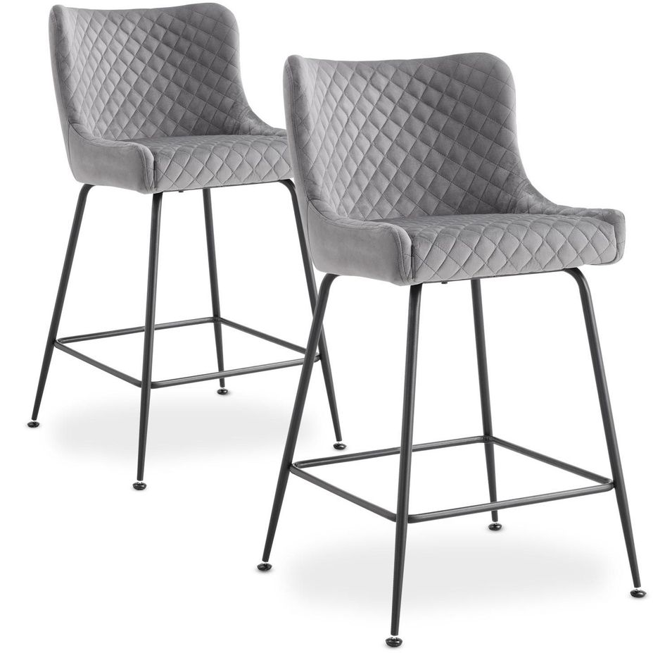 Tabouret de bar velours gris et pieds métal noir Ella - Lot de 2 - Photo n°1