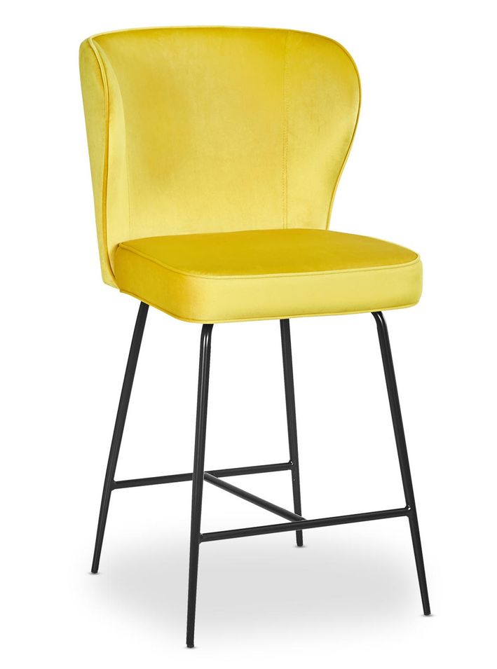 Tabouret de bar velours jaune et pieds métal noir Indal assise H 65 cm - Photo n°1