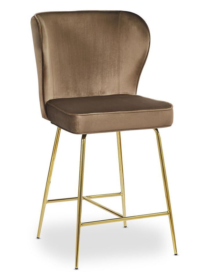 Tabouret de bar velours marron et pieds métal doré Indal assise H 65 cm - Photo n°1