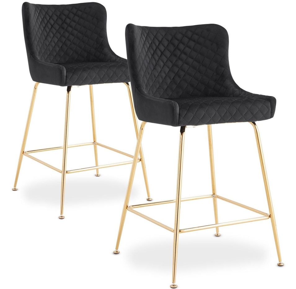 Tabouret de bar velours noir et pieds métal doré Ella - Lot de 2 - Photo n°1