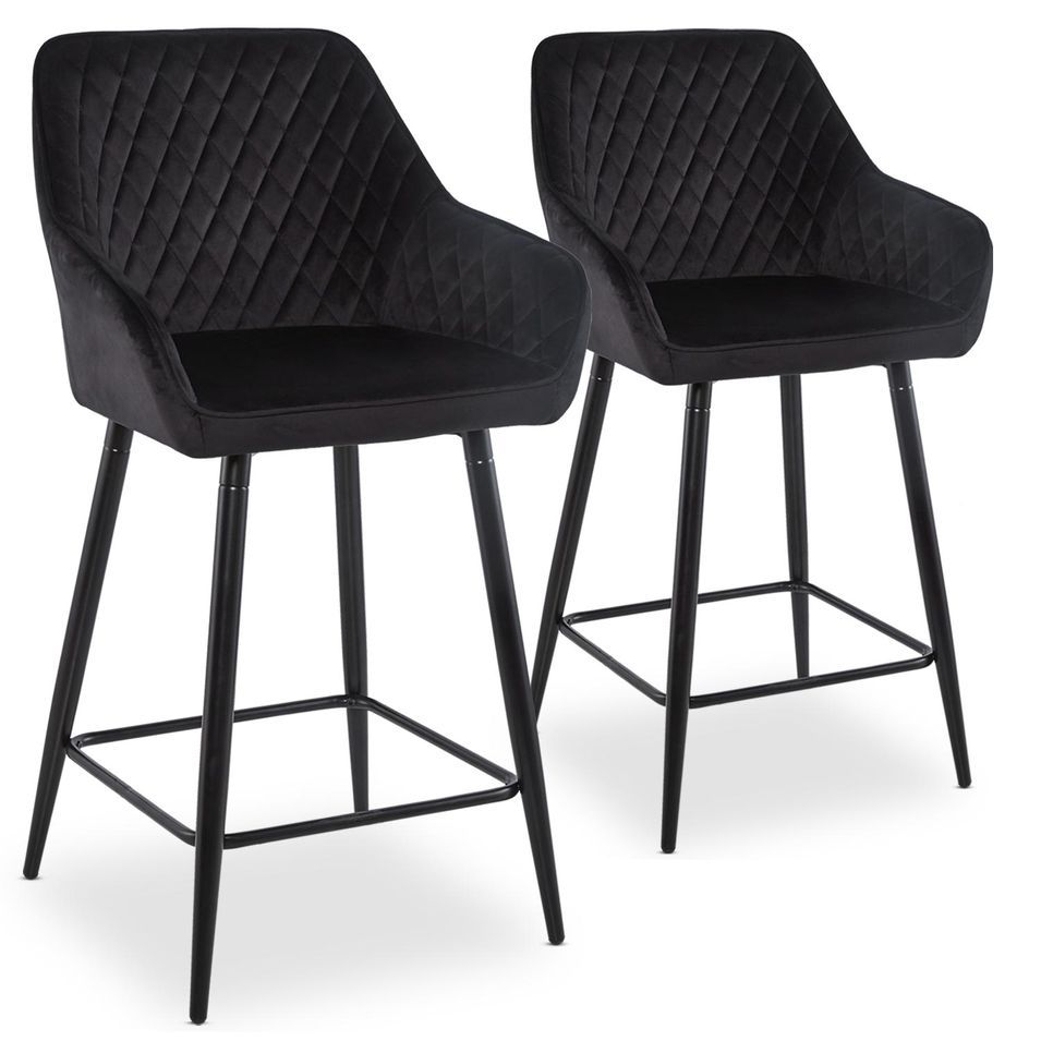 Tabouret de bar velours noir et pieds métal noir Oni - Lot de 2 - Photo n°1