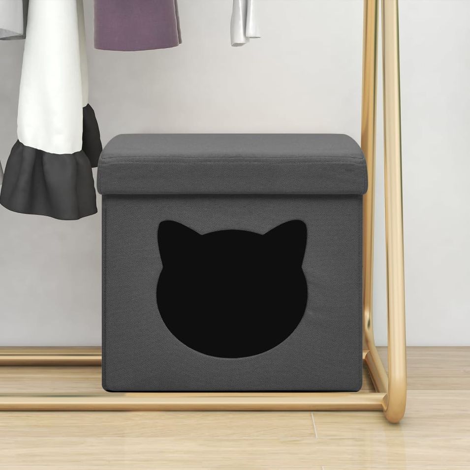 Tabouret de rangement pliable et motif de chat Gris foncé Tissu - Photo n°1