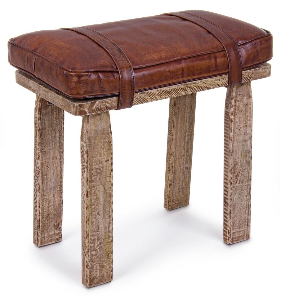 Tabouret en bois de manguier et cuir marron Charlie - Lot de 2 - Photo n°1