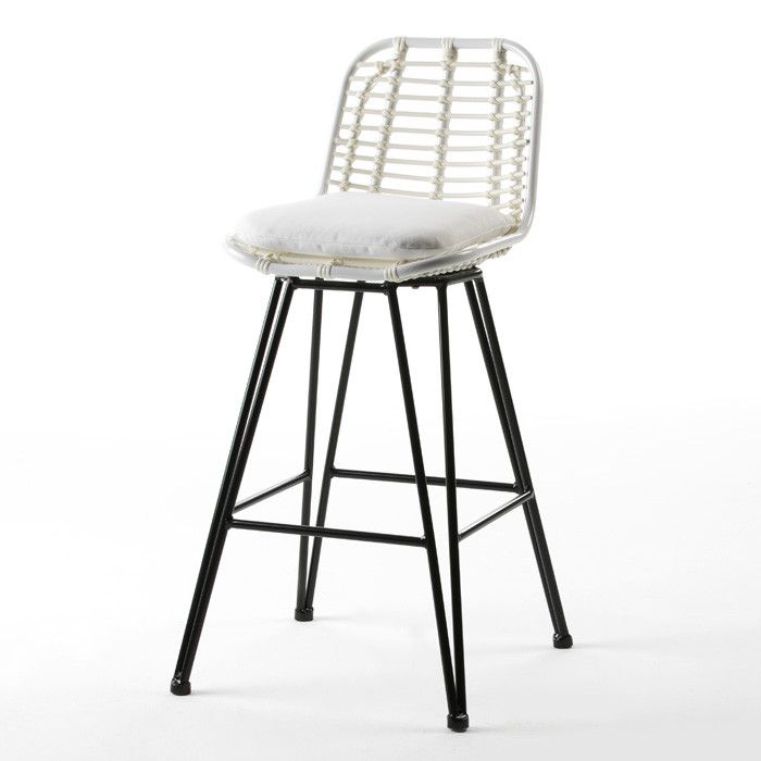 Tabouret haut de jardin rotin synthétique blanc et métal noir Ousfa - Photo n°1
