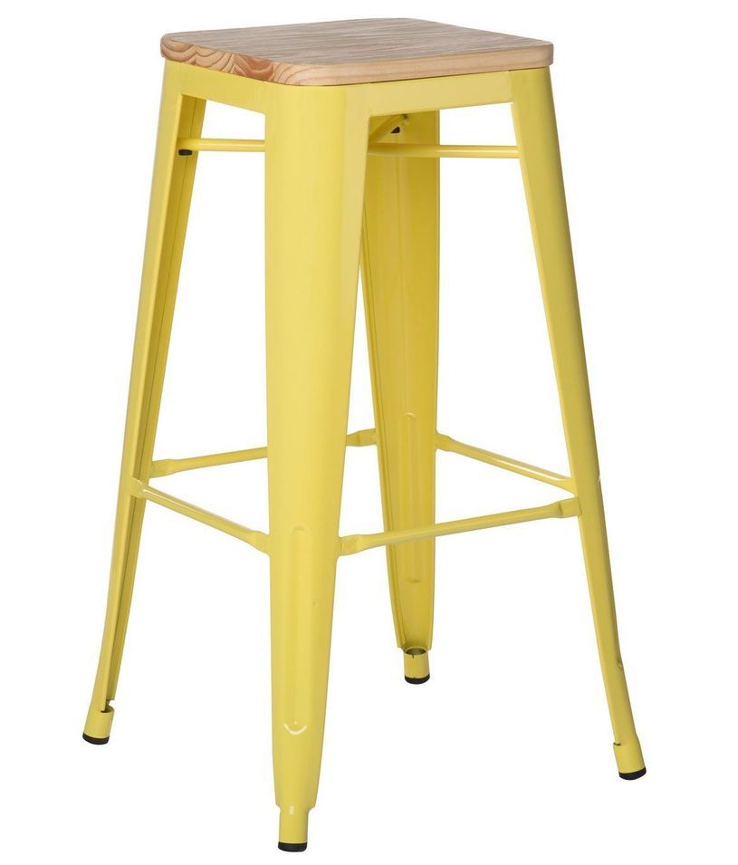 Tabouret haut industriel acier brillant et assise en bois massif naturel Reko 76 cm - Photo n°1
