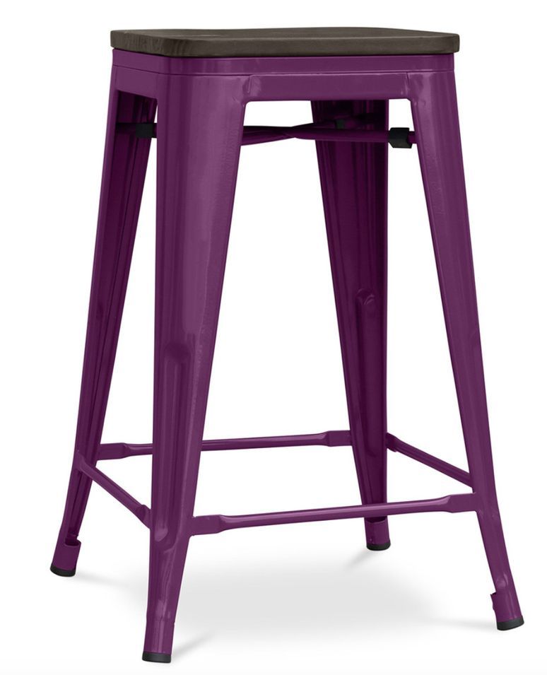 Tabouret industriel acier brillant et assise en bois massif marron Reko 60 cm - Photo n°1