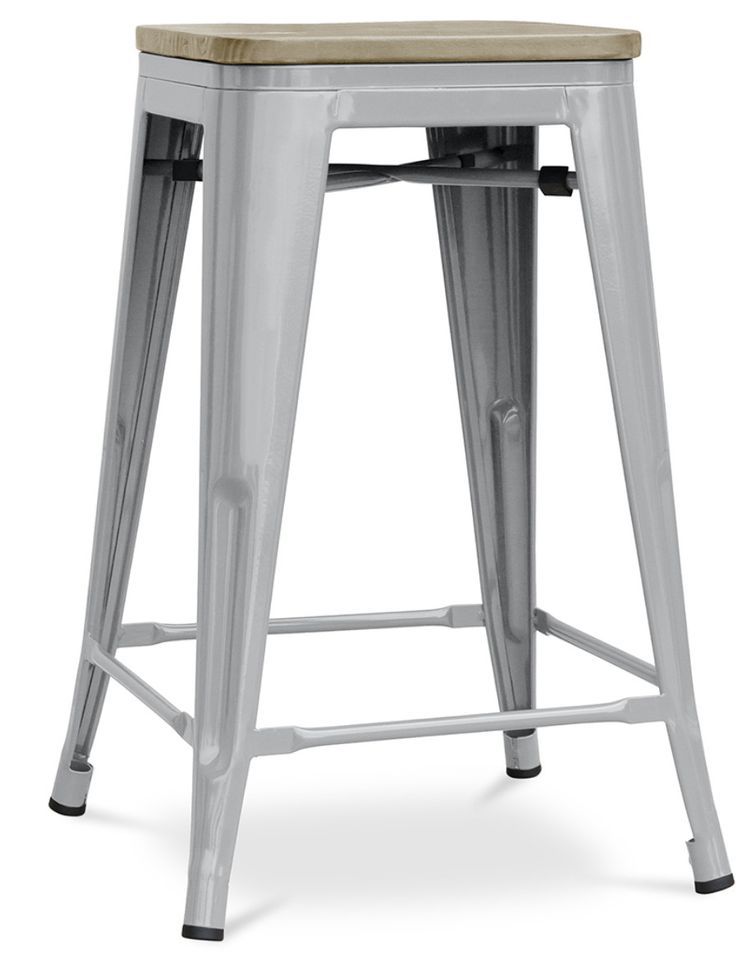 Tabouret industriel en acier brillant et bois clair REKO - Assise 60 cm - Photo n°1