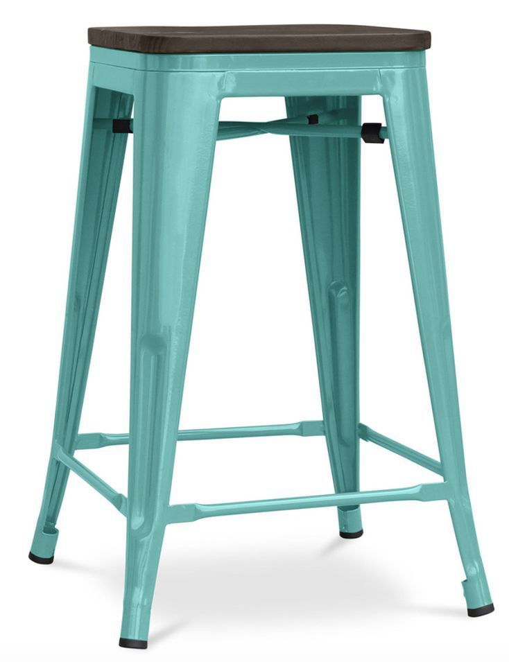 Tabouret industriel en acier brillant et bois marron REKO - Assise 60 cm - Photo n°1