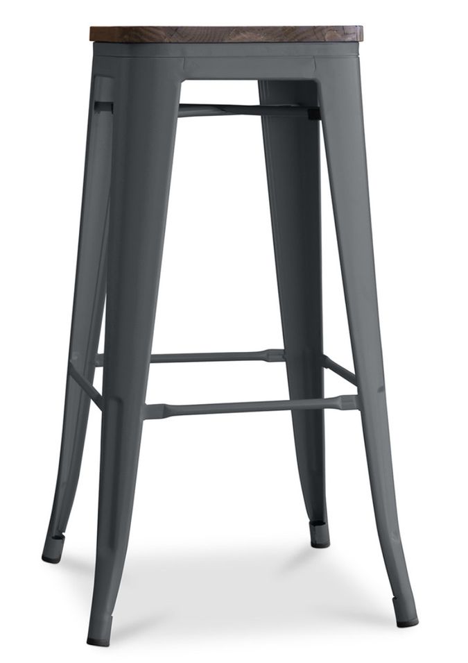 Tabouret industriel en acier brillant et bois marron REKO - Assise 76 cm - Photo n°1