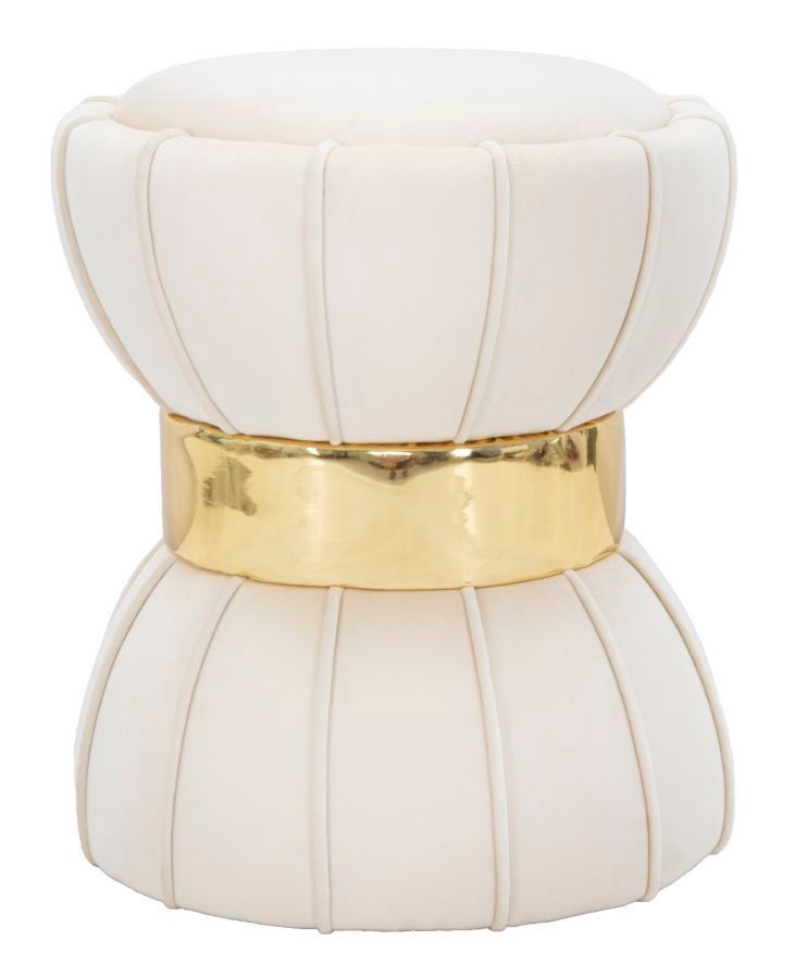 Tabouret rond crème en velours avec détails dorés Ben - Photo n°1