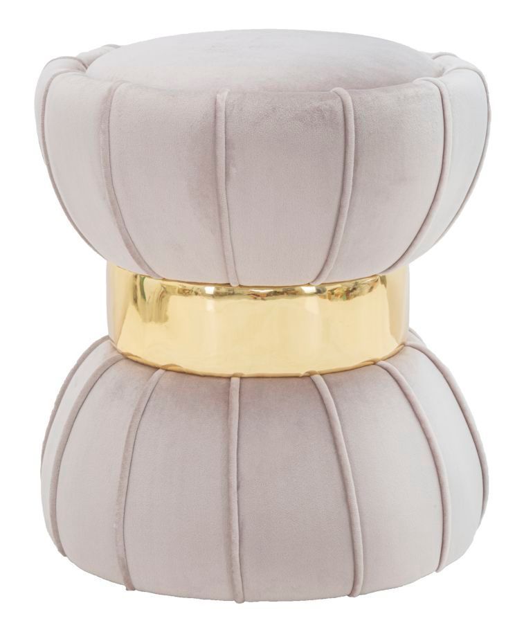 Tabouret rond gris en velours avec détails dorés Ben - Photo n°1