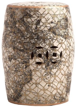 Tabouret rond oriental céramique beige à motif doré Ornella - Photo n°1