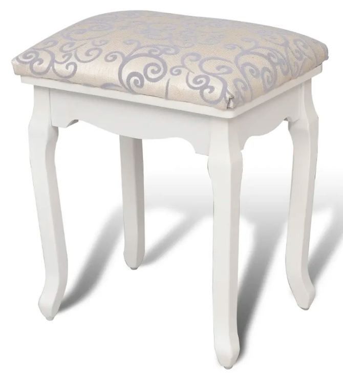 Tabouret tissu blanc à motif gris pieds bois massif Koki - Photo n°1