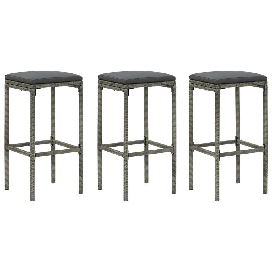 Tabourets de bar avec coussins 3 pcs Gris Résine tressée - Photo n°1