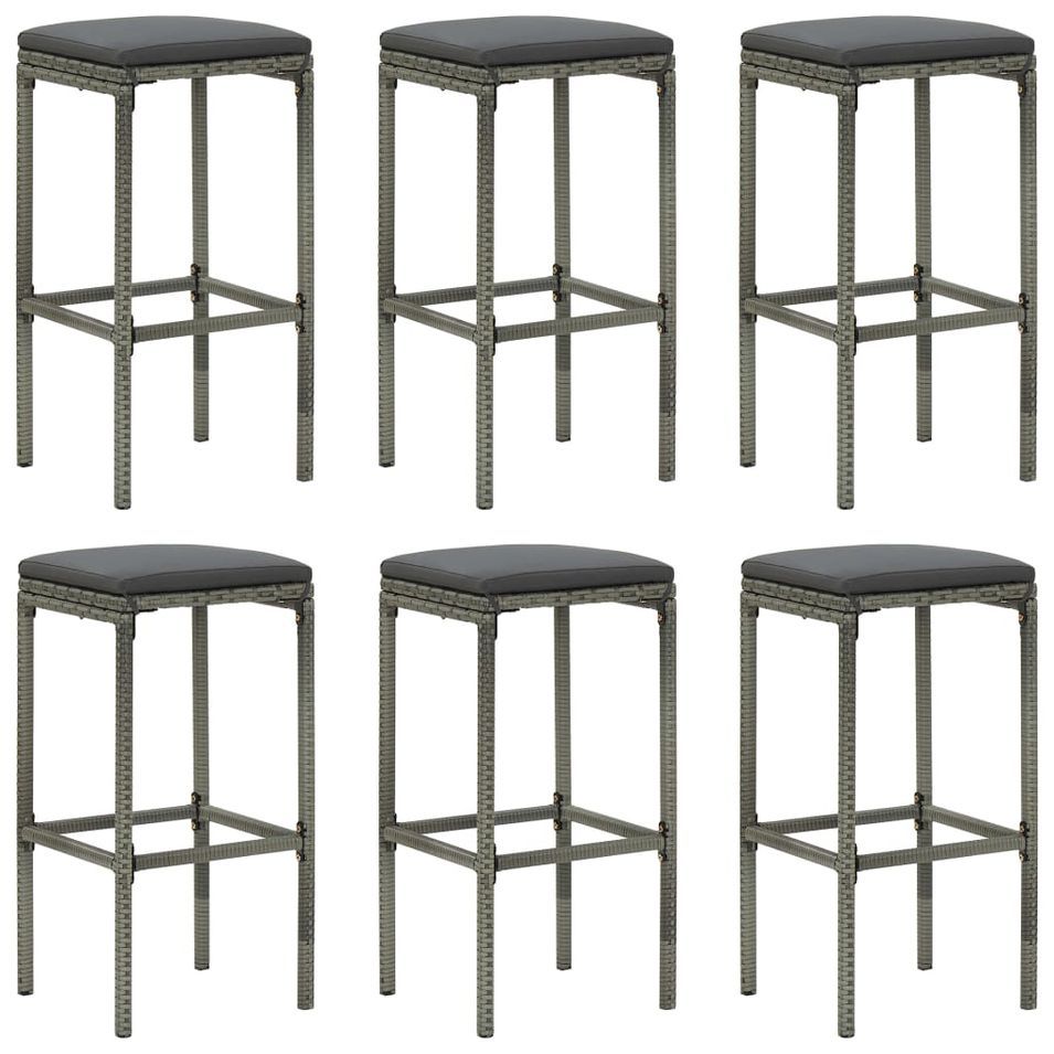 Tabourets de bar avec coussins 6 pcs Gris Résine tressée - Photo n°1