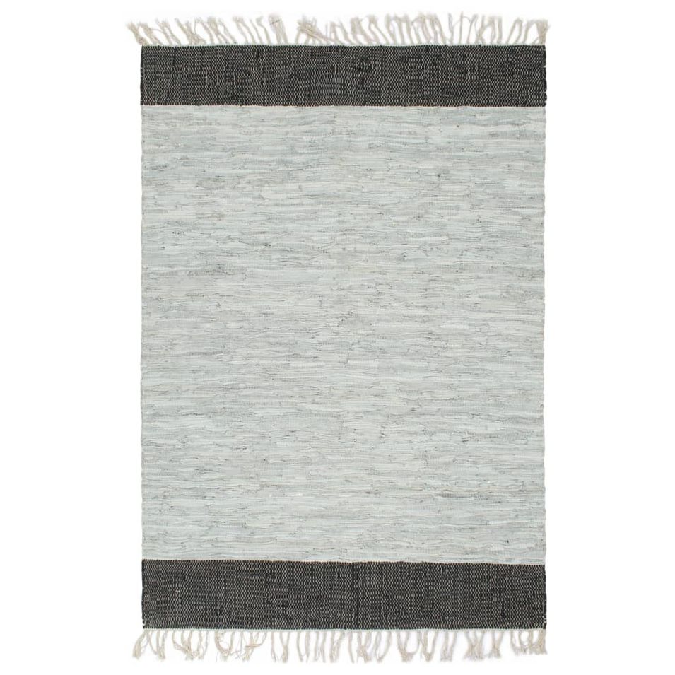 Tapis Chindi tissé à la main Cuir 120x170 cm Gris clair et noir - Photo n°1