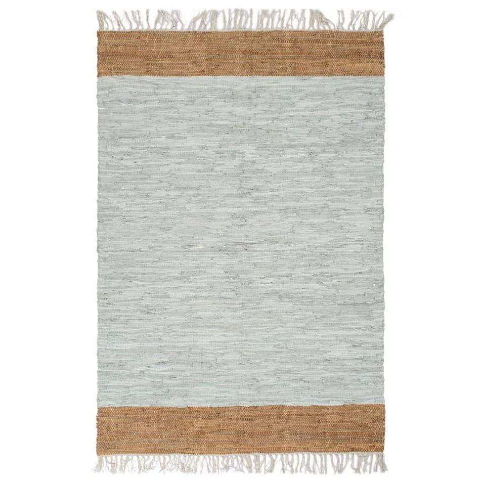 Tapis Chindi tissé à la main Cuir 160x230 cm Gris clair et brun - Photo n°1