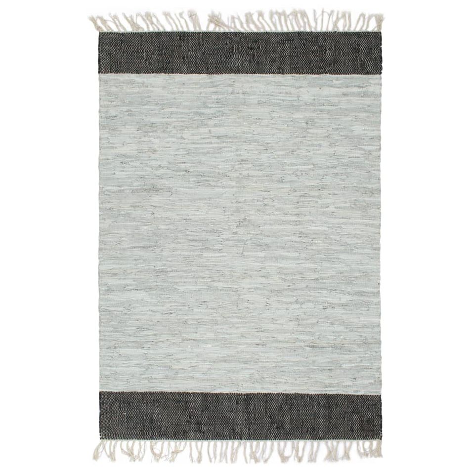Tapis Chindi tissé à la main Cuir 160x230 cm Gris clair et noir - Photo n°1