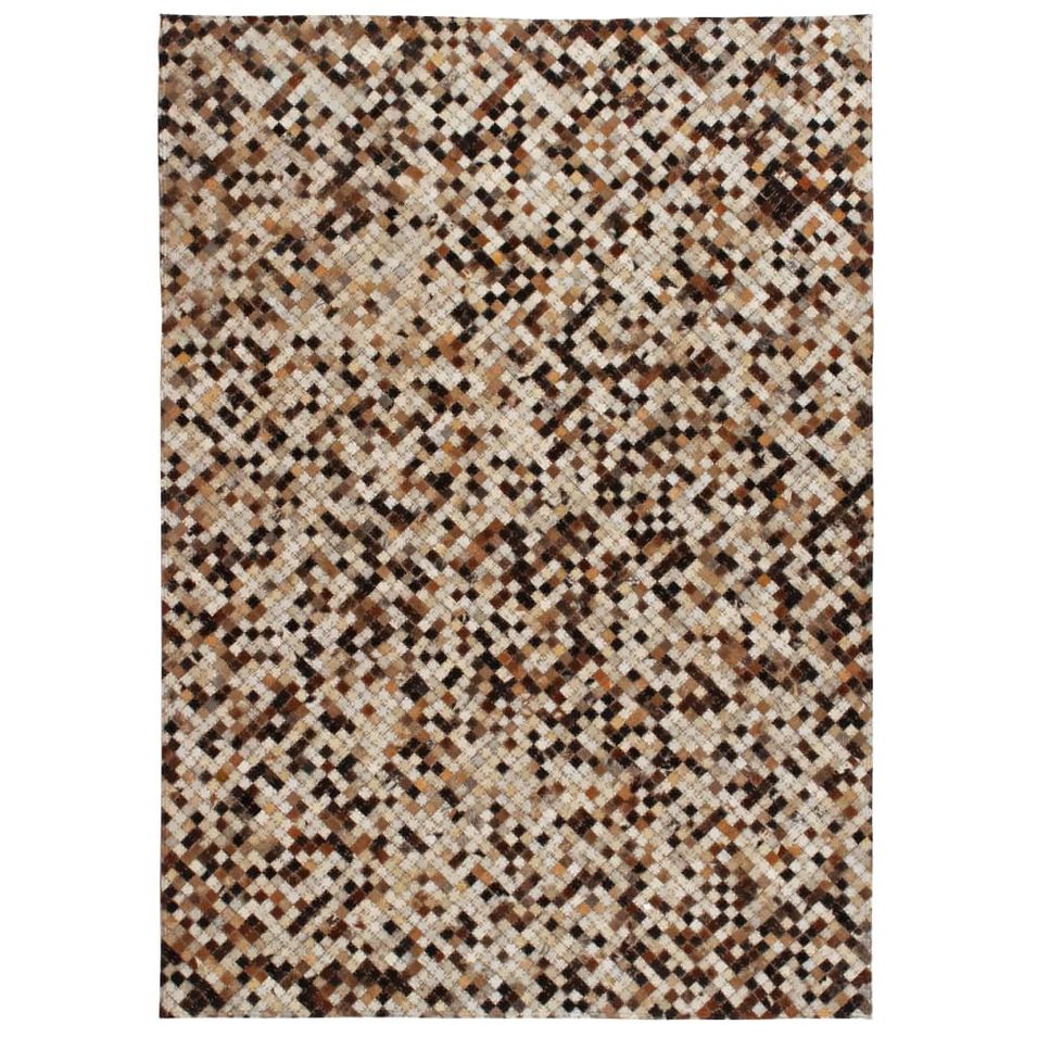 Tapis Cuir véritable Patchwork 160 x 230 cm Carré Marron/Blanc - Photo n°1