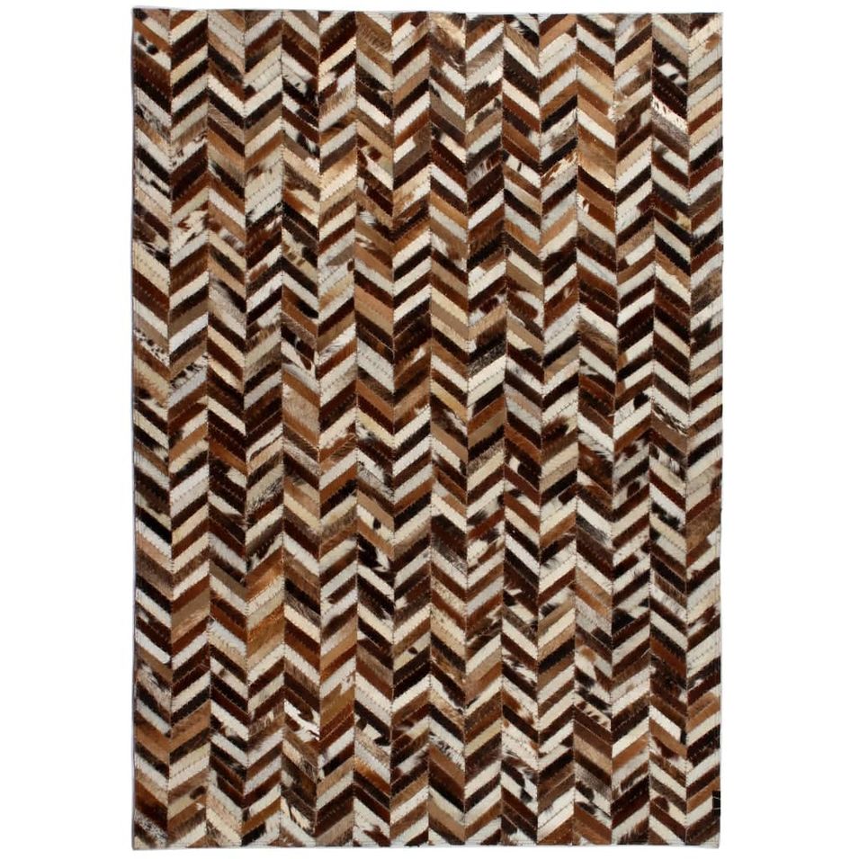 Tapis Cuir véritable Patchwork 190x290 cm Chevron Marron/Blanc - Photo n°1