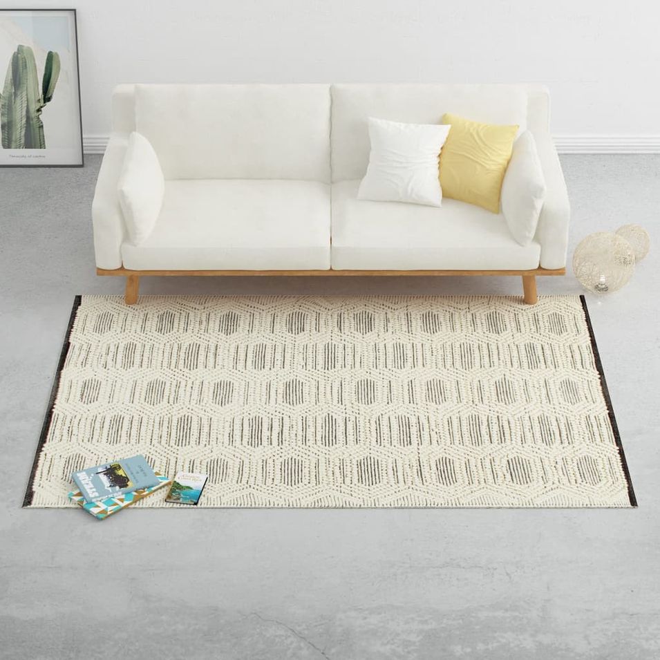 Tapis en laine tissée à la main 140x200 cm Blanc/Noir - Photo n°1