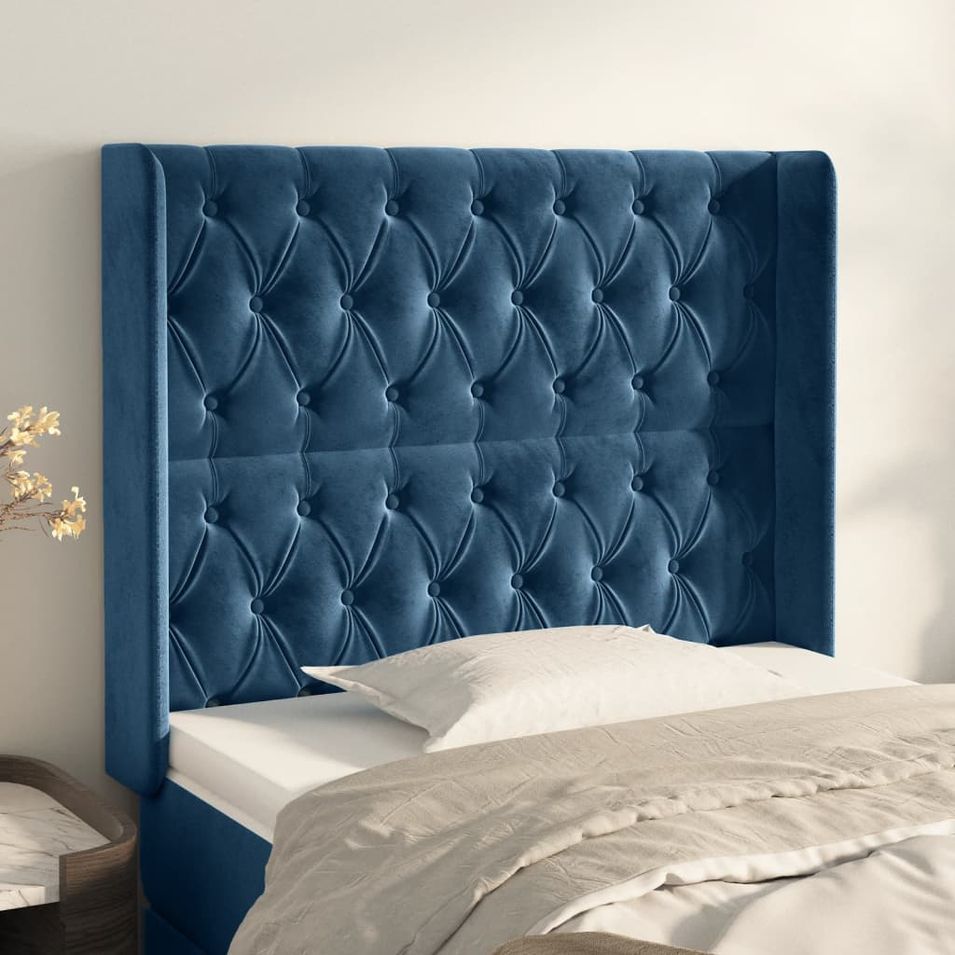 Tête de lit avec oreilles Bleu foncé 103x16x118/128 cm Velours - Photo n°1