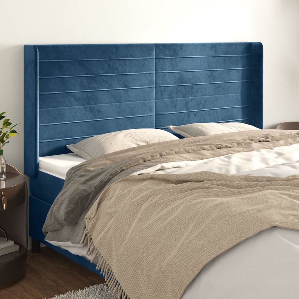 Tête de lit avec oreilles Bleu foncé 163x16x118/128 cm Velours - Photo n°1