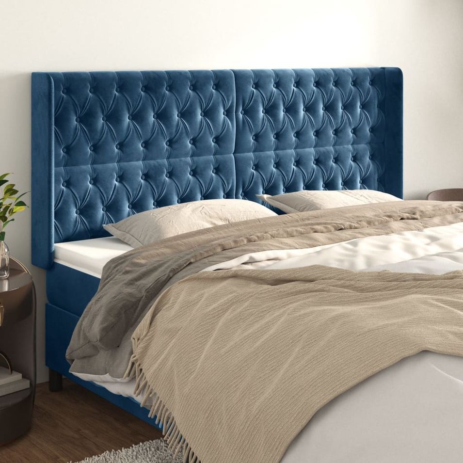 Tête de lit avec oreilles Bleu foncé 203x16x118/128 cm Velours - Photo n°1