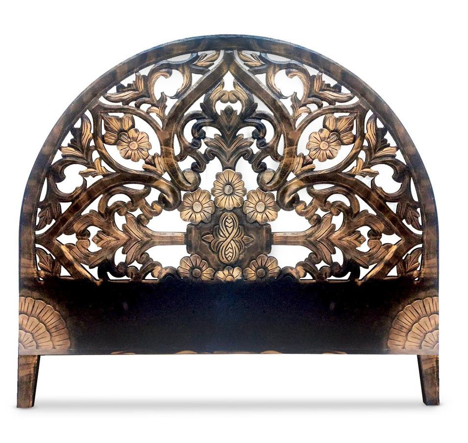 Tête de lit bois massif sculpté noir et doré Lune 160 cm - Photo n°1