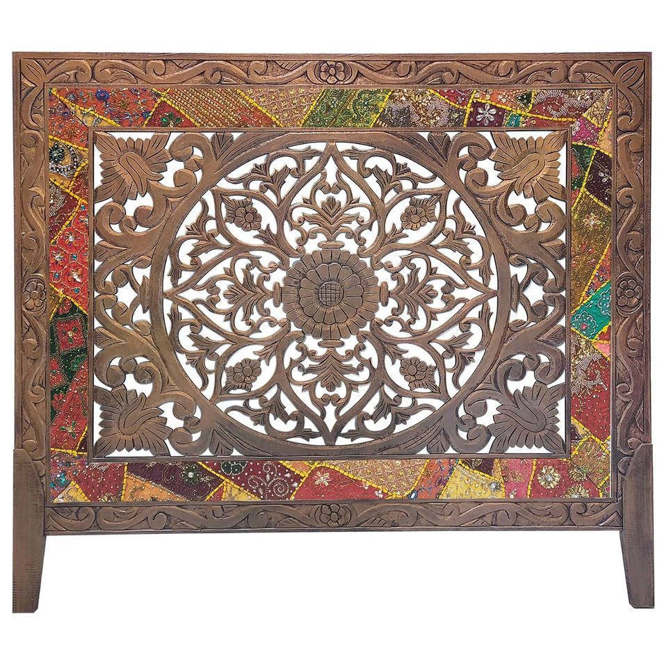 Tête de lit bois sculpté cuivre et tissu Kotto 160 cm - Photo n°1