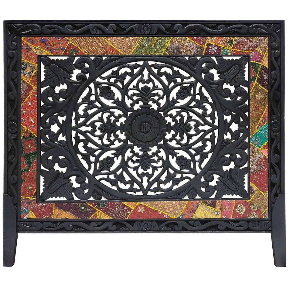 Tête de lit bois sculpté noir et tissu multicolore Kotto 160 cm - Photo n°1