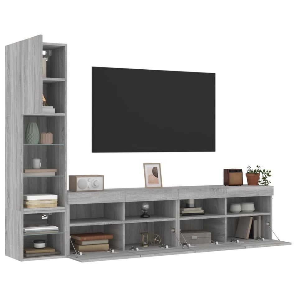 Unités murales TV avec LED 4 pcs gris sonoma bois d'ingénierie - Photo n°1