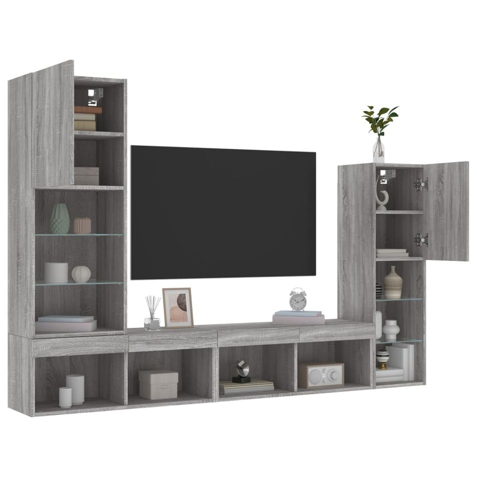 Unités murales TV avec LED 4 pcs gris sonoma bois d'ingénierie - Photo n°1