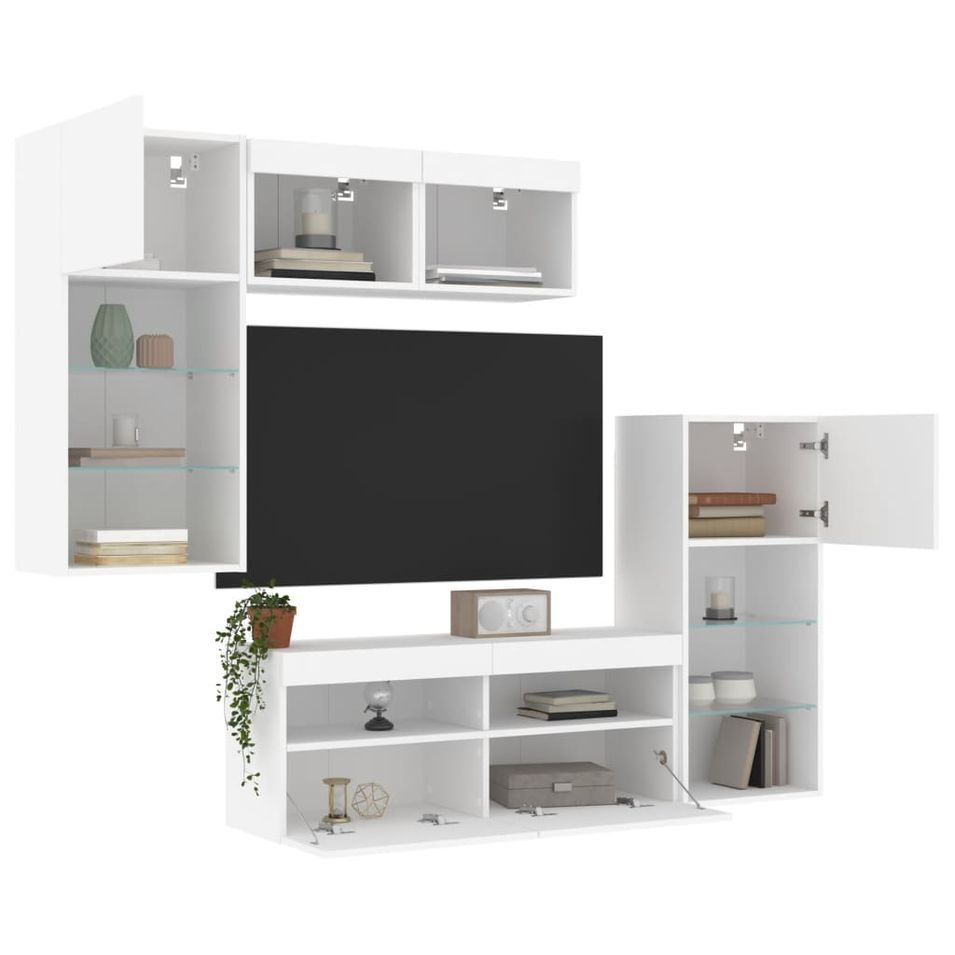 Unités murales TV avec LED 5 pcs blanc bois d'ingénierie - Photo n°1