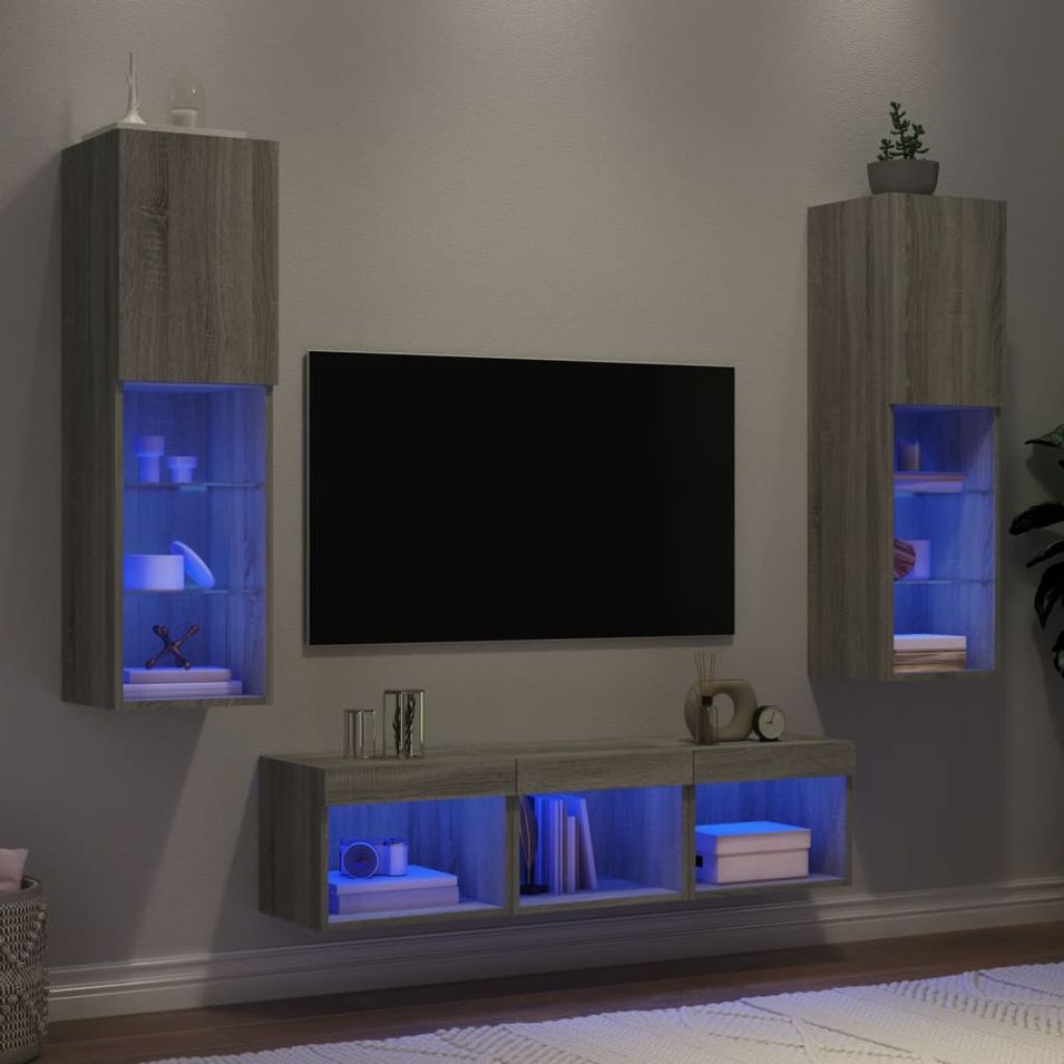 Unités murales TV avec LED 5 pcs gris sonoma bois d'ingénierie - Photo n°1