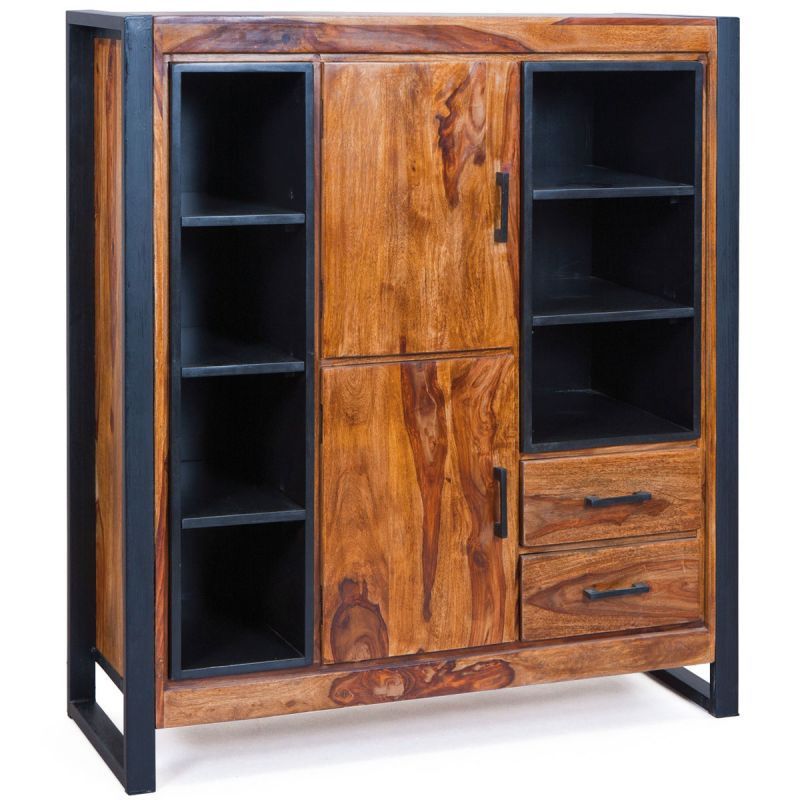 Vaisselier 2 portes sheesham massif foncé et métal noir Lary - Photo n°1