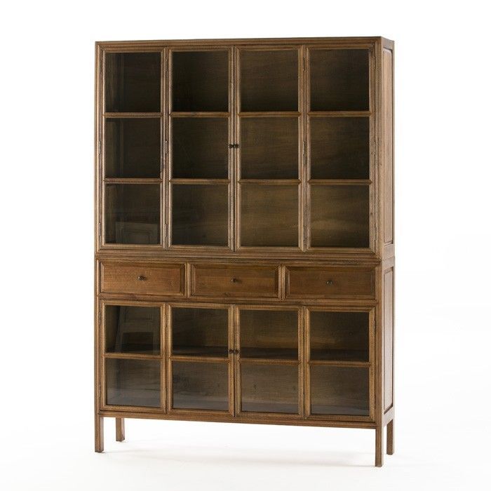 Vaisselier 3 tiroirs 4 portes verre et bois massif foncé Octy - Photo n°1