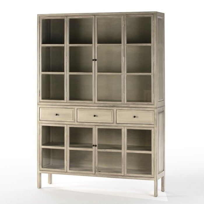 Vaisselier 3 tiroirs 4 portes verre et bois massif peint gris Octy - Photo n°1