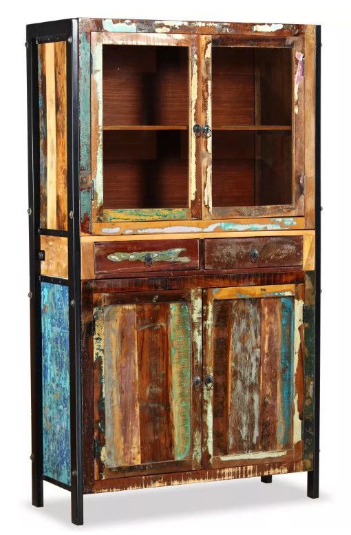 Vaisselier 4 portes 2 tiroirs bois massif recyclé et métal noir Boust - Photo n°1
