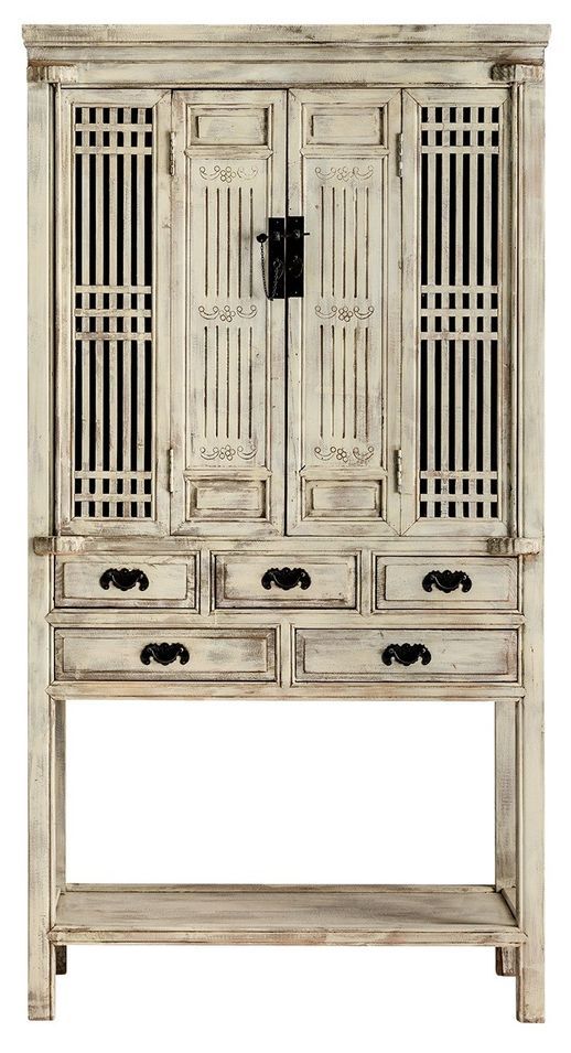 Vaisselier 4 portes 5 tiroirs pin massif recyclé crème Arjun - Photo n°1