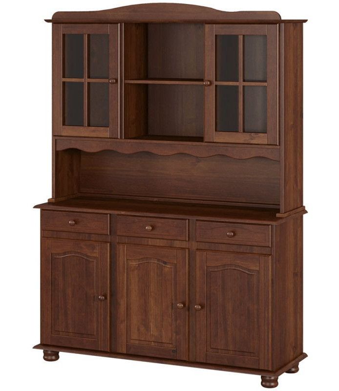 Vaisselier 5 portes 3 tiroirs 2 niches pin massif foncé Saumur - Photo n°1