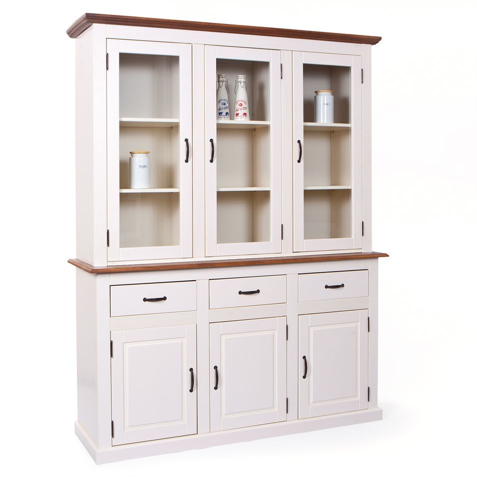 Vaisselier 6 portes 3 tiroirs pin massif blanc et sépia brun Caly - Photo n°1