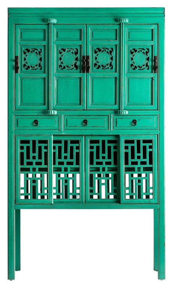 Vaisselier 8 portes 3 tiroirs pin massif recyclé vert Arjun - Photo n°1