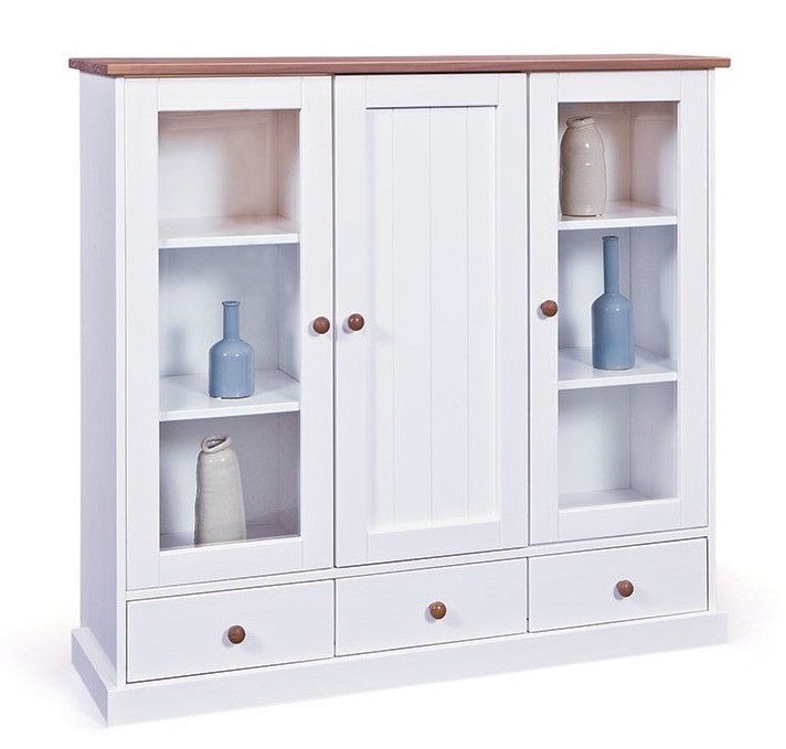 Vaisselier 3 portes pin massif foncé et blanc Campanou 131 cm - Photo n°1