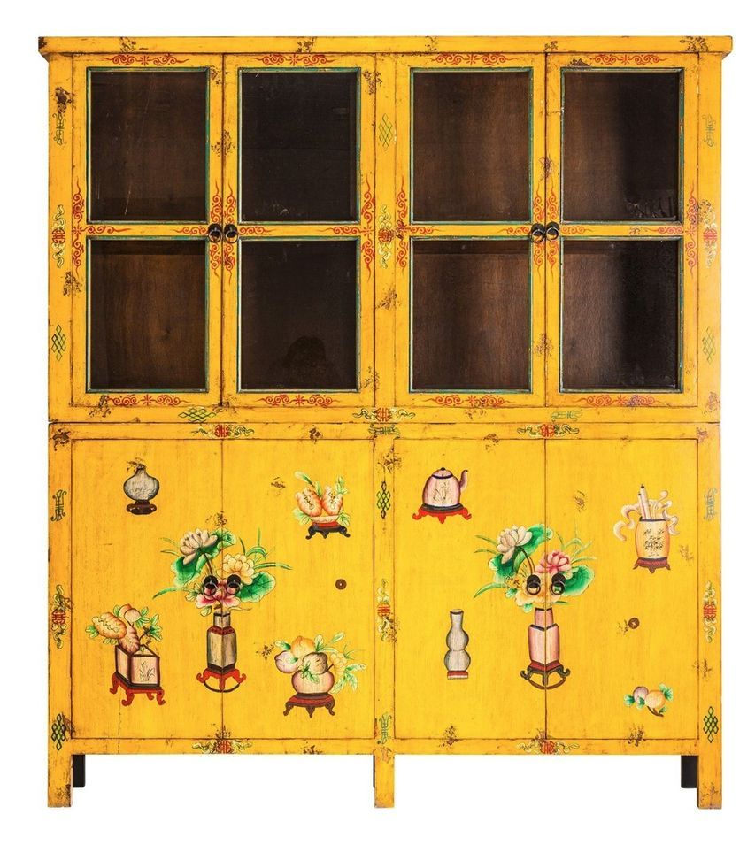 Vaisselier oriental orme massif recyclé jaune vieilli Juan - Photo n°1