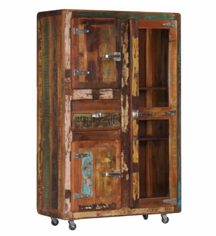 Vaisselier sur roulettes 3 portes 1 tiroir bois massif recyclé Moust - Photo n°1