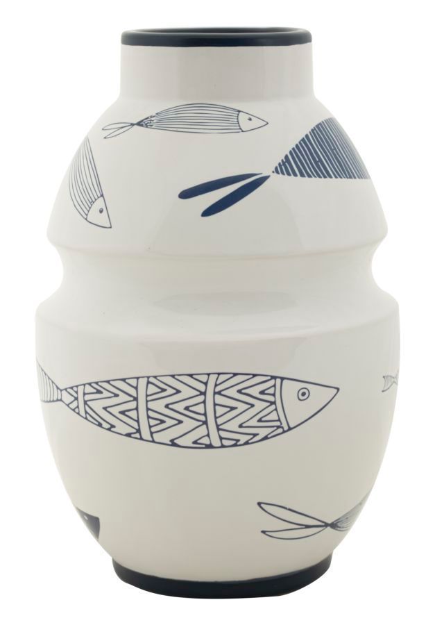 Vase décoratif céramique blanche poissons bleus compact MARIN - Photo n°1