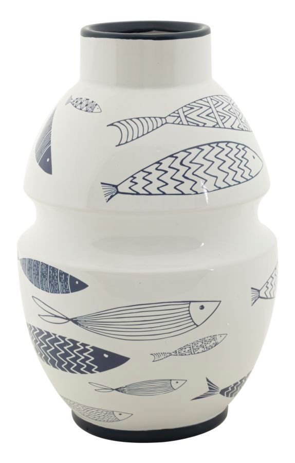 Vase décoratif céramique blanche poissons bleus design MARIN - Photo n°1