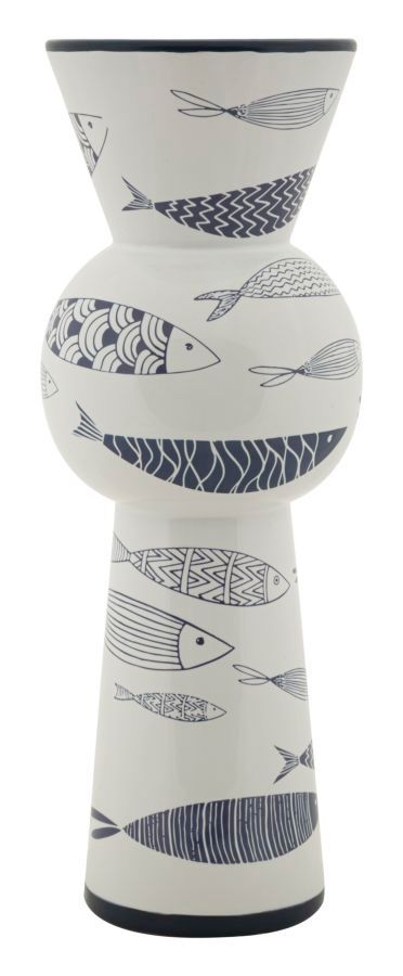 Vase décoratif haut céramique blanche poissons bleus MARIN - Photo n°1